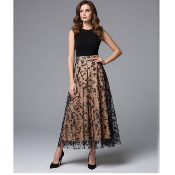 Floral Flocking Tulle Long A-Line Skirt - Picture 1 of 12